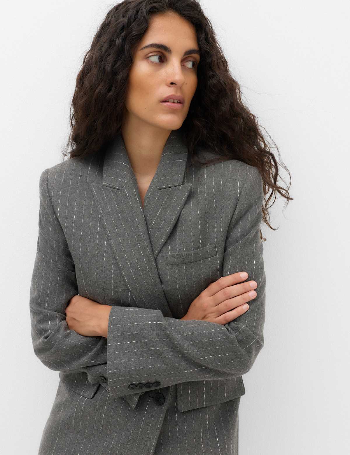 Women's Pinstripe Double Breasted Blazer with Wool - Grey | womens blazer | SAVINTARI