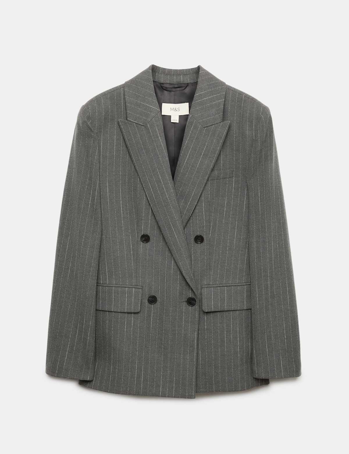 Women's Pinstripe Double Breasted Blazer with Wool - Grey | womens blazer | SAVINTARI