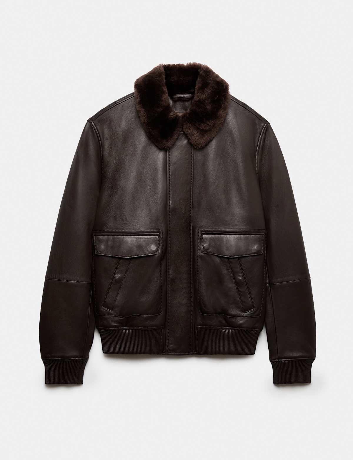 Women's Leather Shearling Collar Bomber Jacket - Black | leather jacket | SAVINTARI