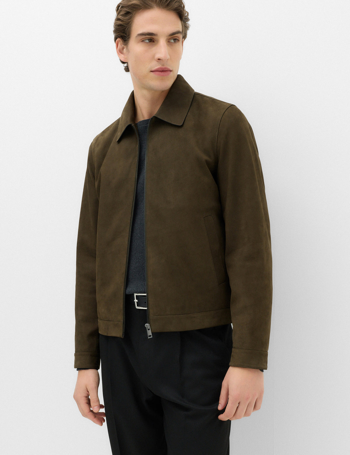 Men's Leather Jacket in Khaki view 2 | leather jacket | SAVINTARI