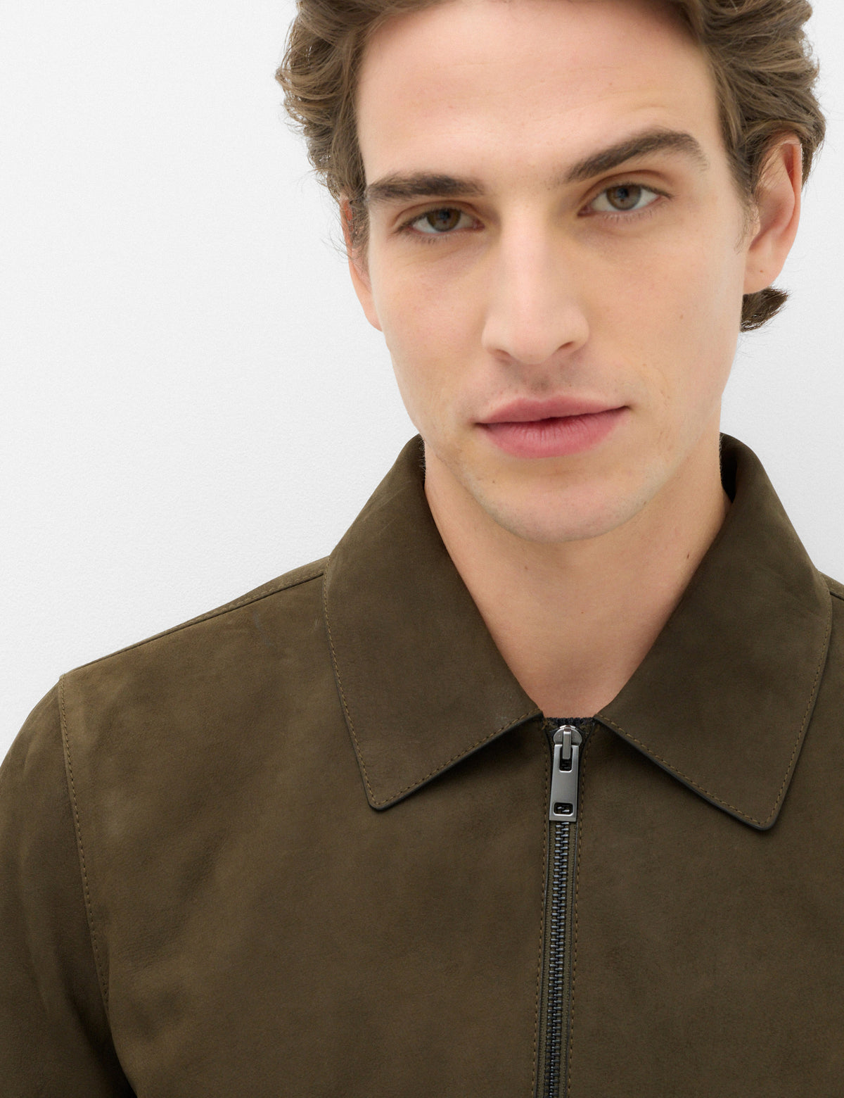 Men's Leather Jacket in Khaki view 3 | leather jacket | SAVINTARI