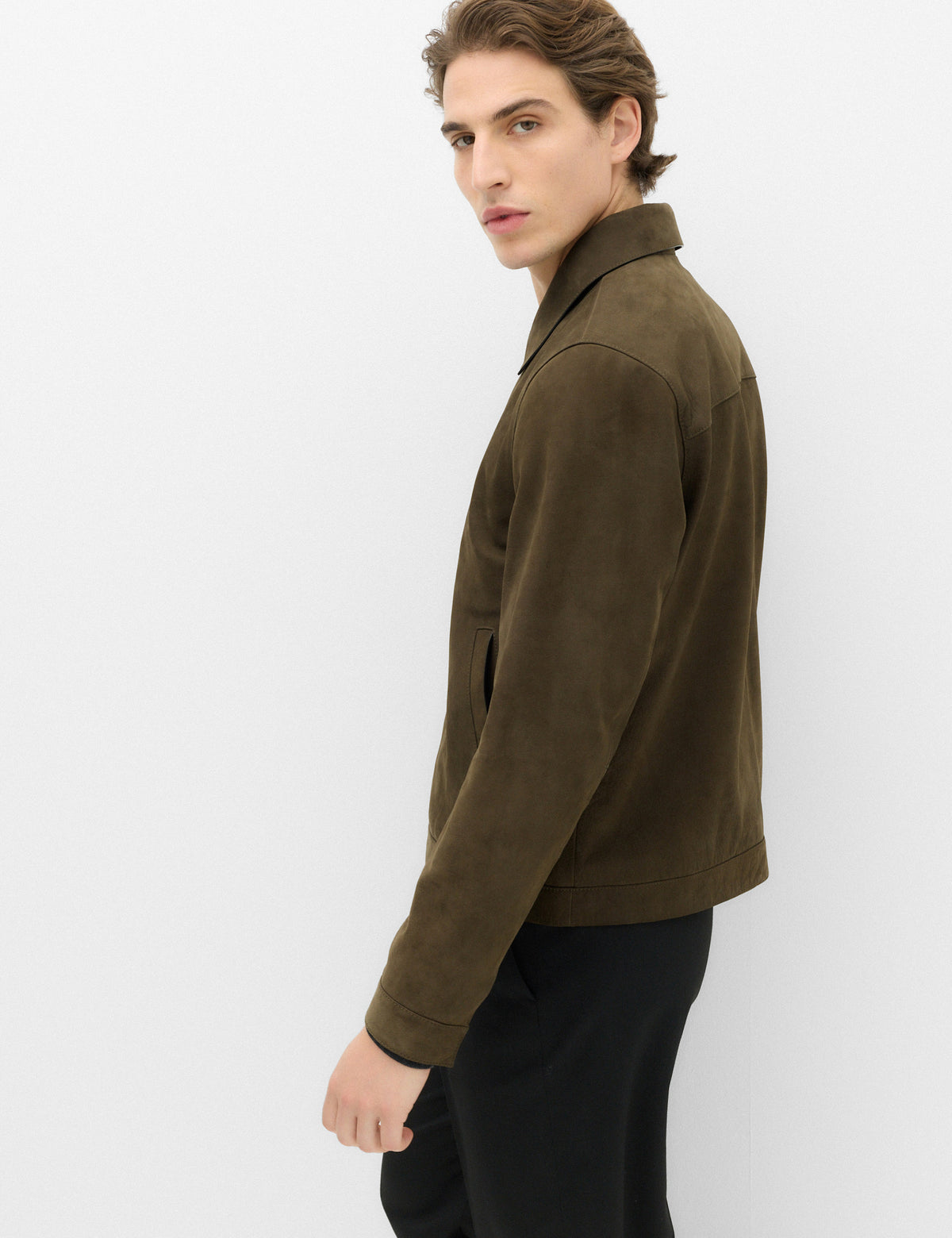 Men's Leather Jacket in Khaki view 6 | leather jacket | SAVINTARI