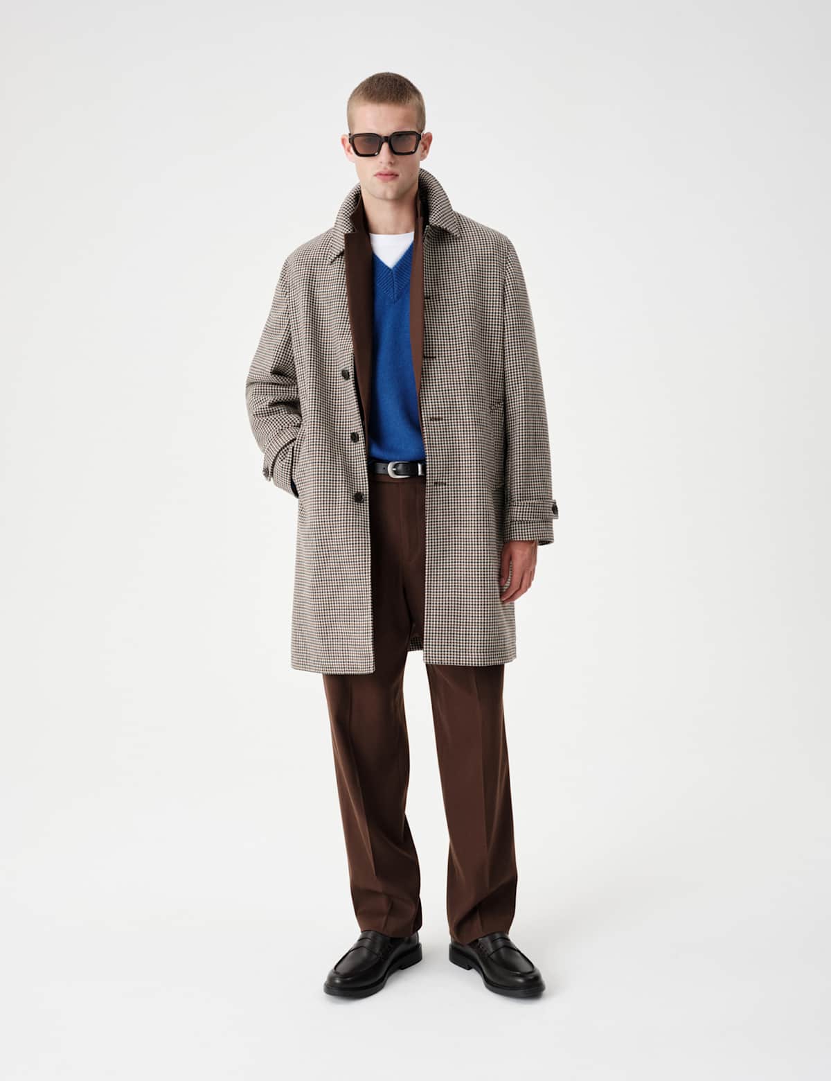 Women's Wool Blend Houndstooth Long Coat - Camel | womens coats | SAVINTARI