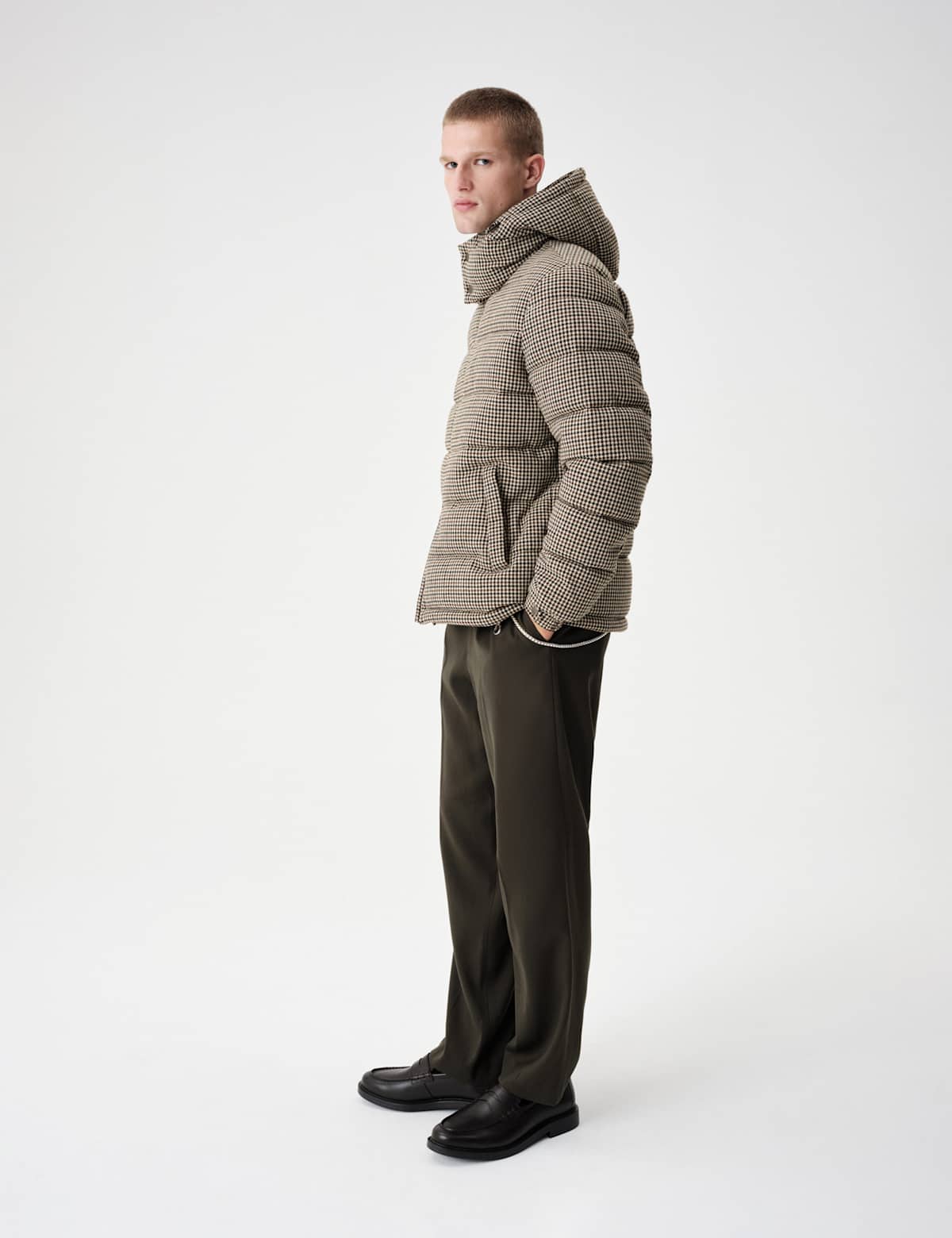 Women's Wool Blend Check Puffer Jacket With Detachable Hood - Camel | puffer jacket | SAVINTARI