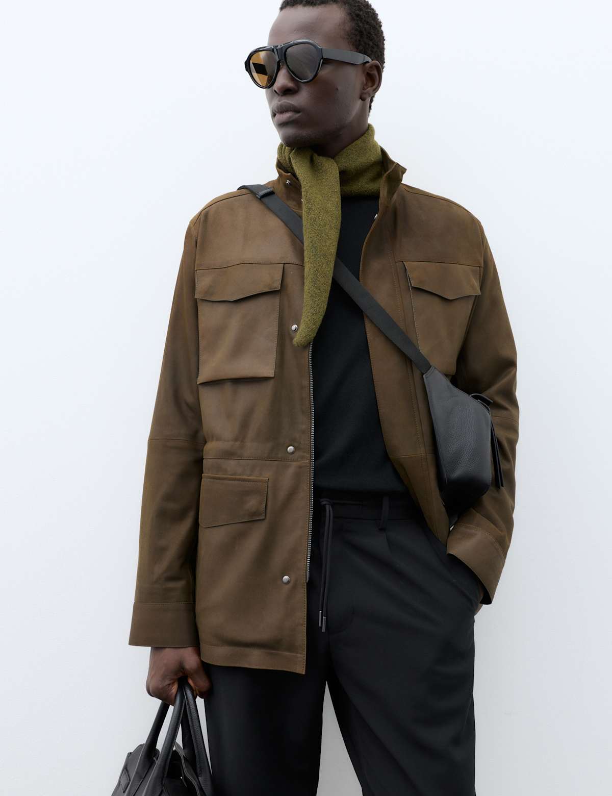 Women's Nubuck Leather Funnel Neck Utility Jacket - Black | leather jacket | SAVINTARI