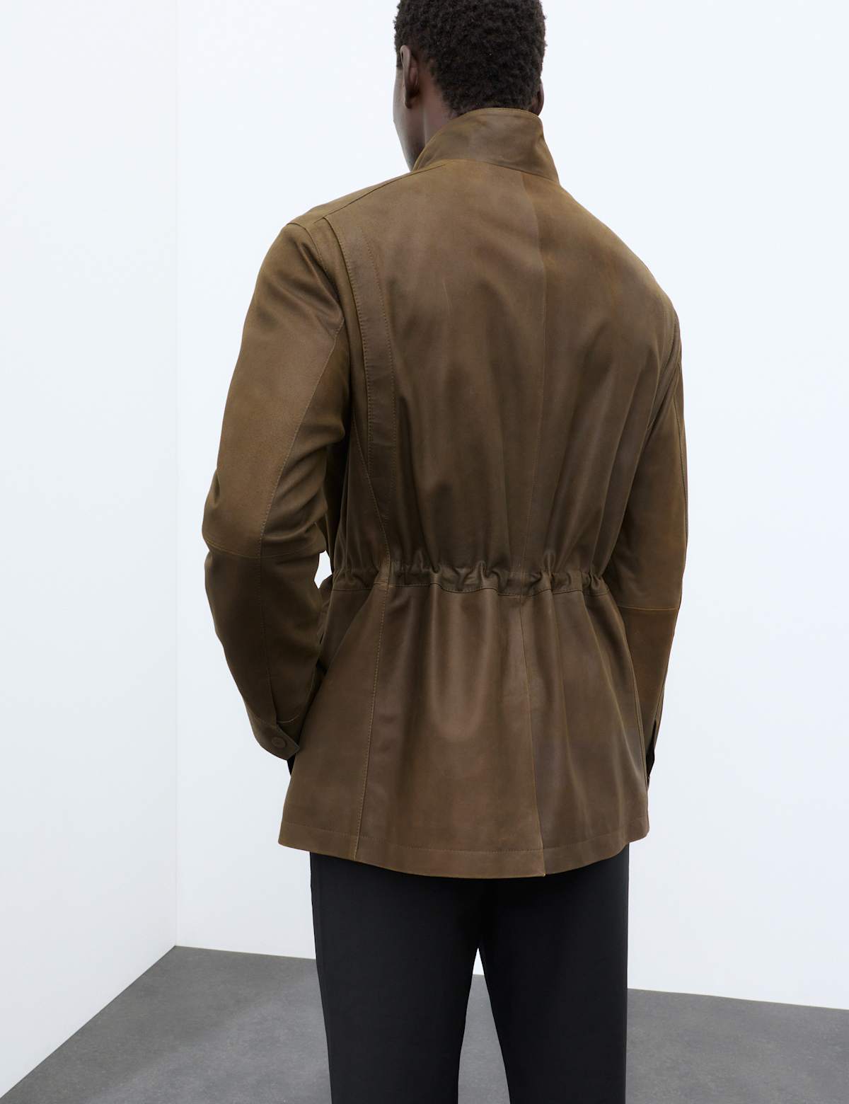 Women's Nubuck Leather Funnel Neck Utility Jacket - Black | leather jacket | SAVINTARI