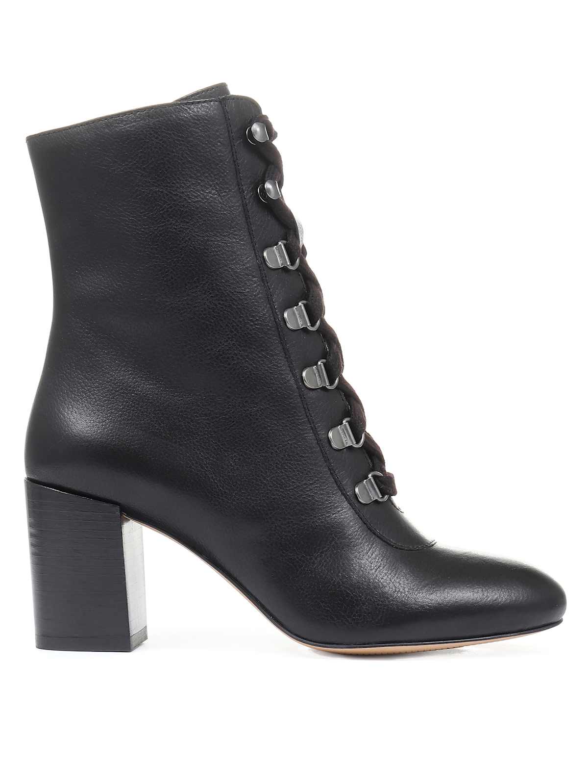 Women's Leather Lace-Up Block Heel Ankle Boots - Black | SAVINTARI