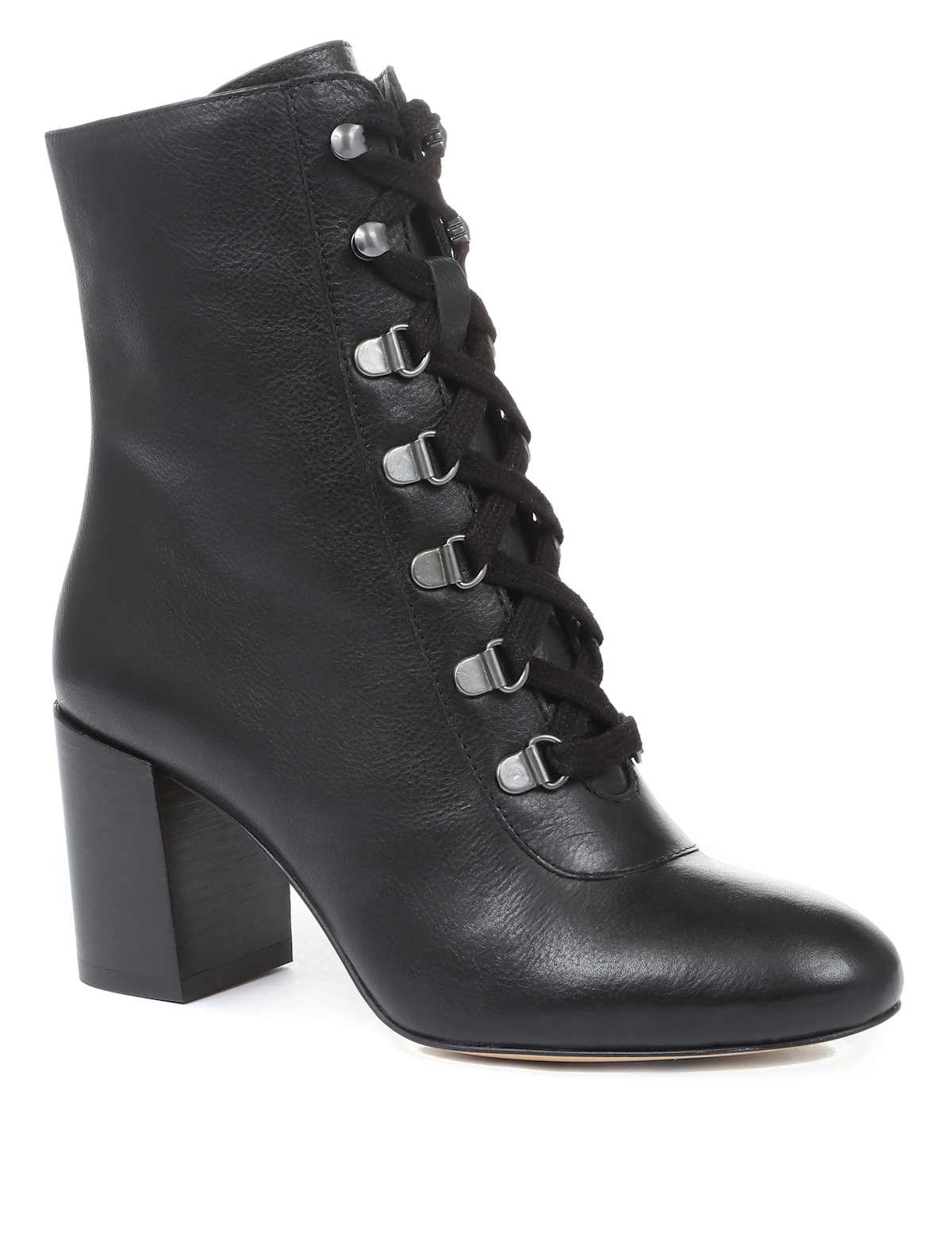 Women's Leather Lace-Up Block Heel Ankle Boots - Black | SAVINTARI