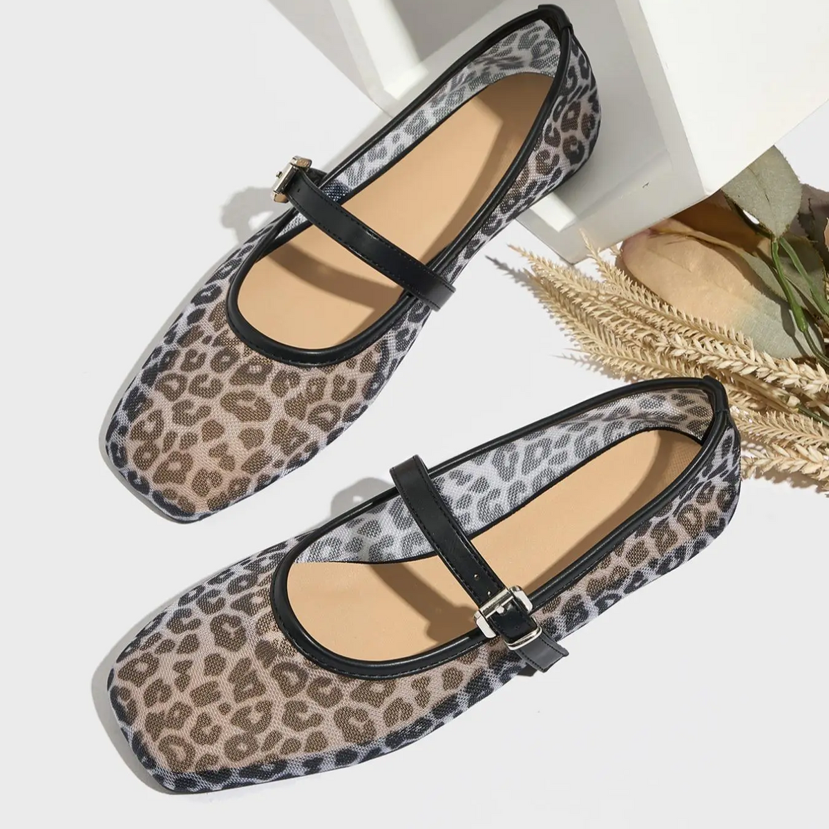 Women's leopard Mary Jane strap flats in black, pair view from above | SAVINTARI