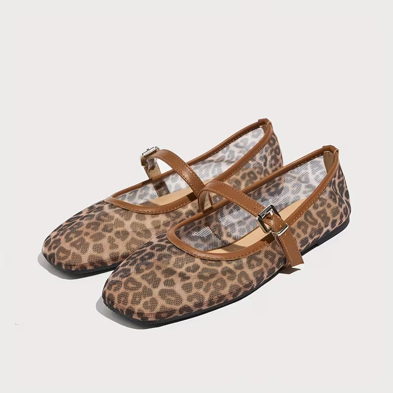 Women's brown leopard mesh ballet flats, front pair on white | SAVINTARI