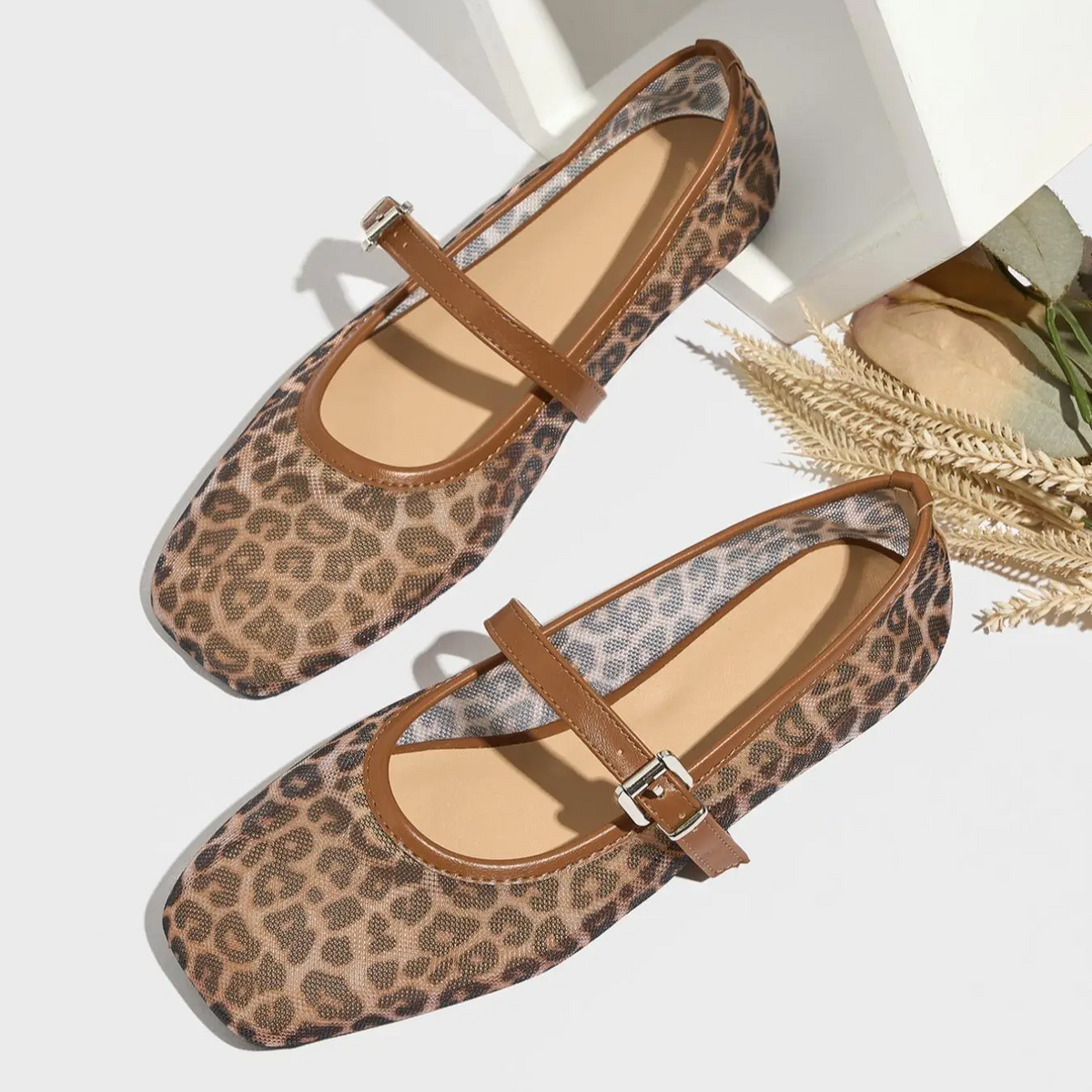 Women's leopard Mary Jane strap flats in brown, pair view from above | SAVINTARI
