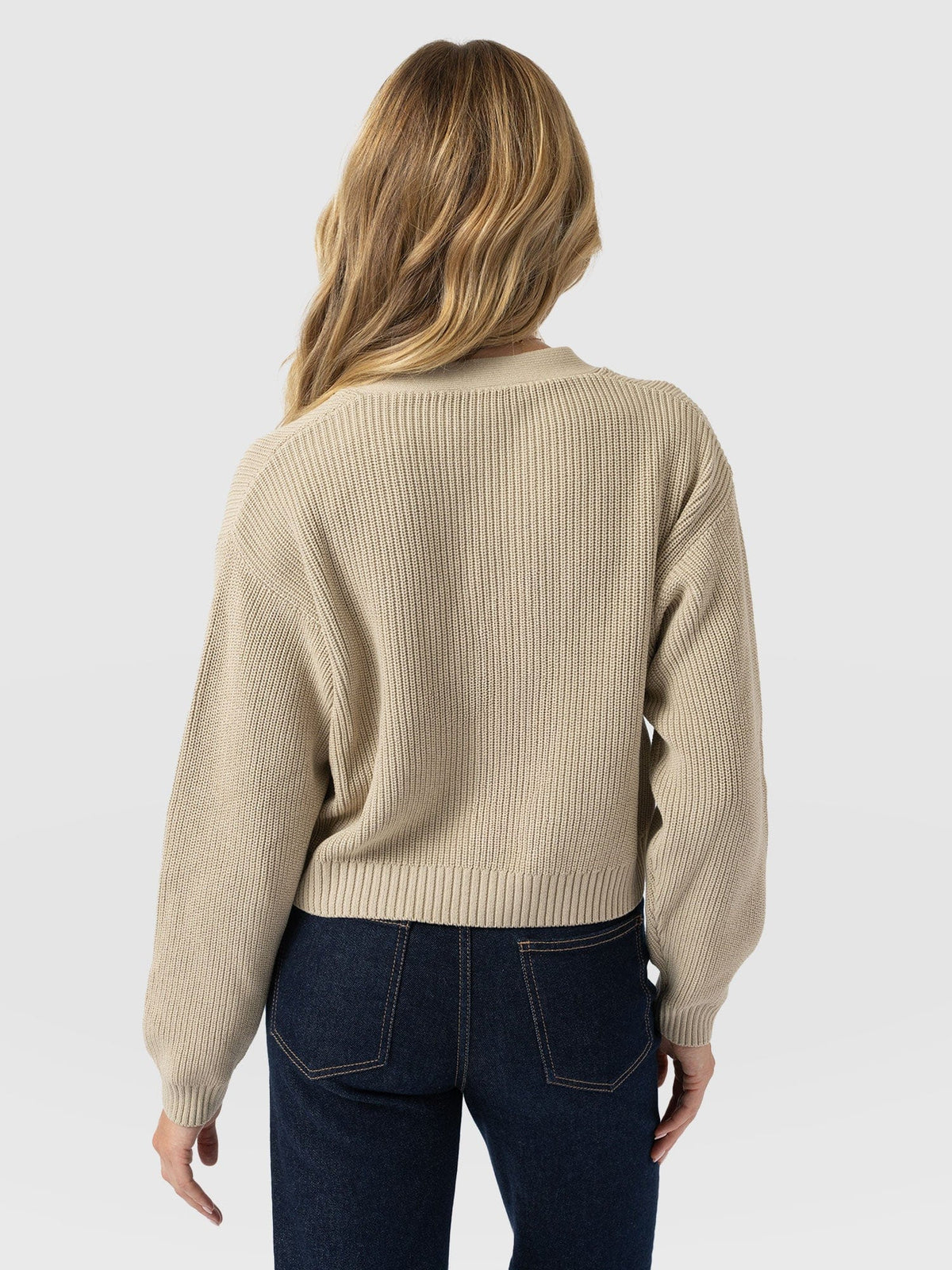 Soho crop cardigan beige back view slim fit knitwear