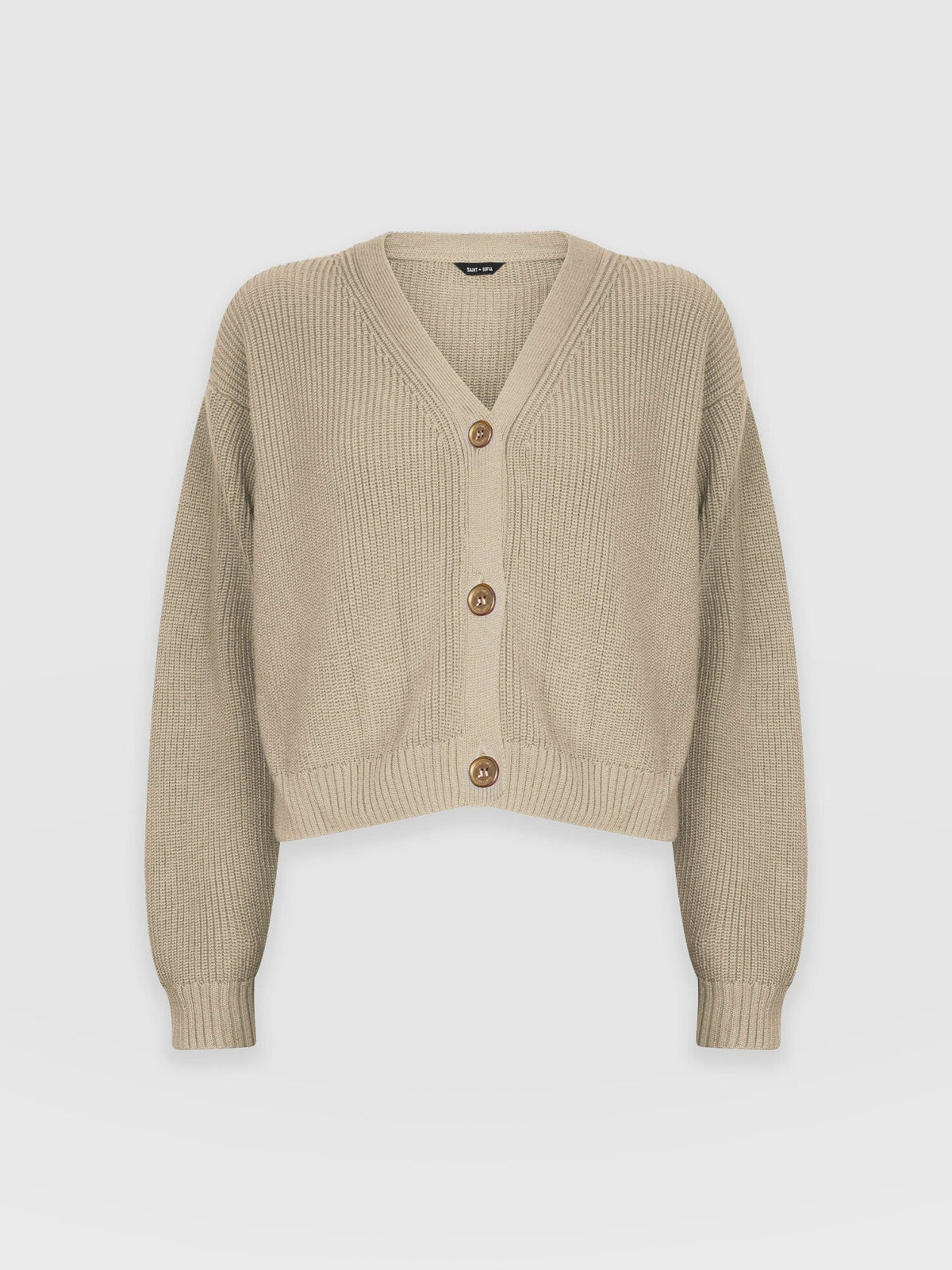Organic cotton beige crop cardigan flat lay product photo