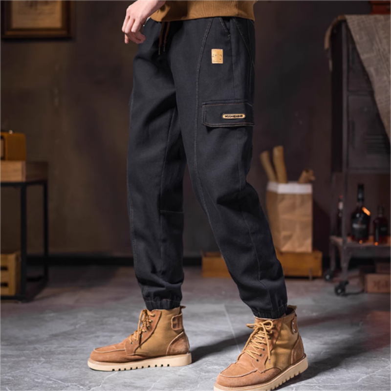 Men's Fashion Casual Loose Pockets Spliced Solid Color Trousers - Black | SAVINTARI