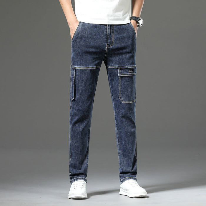 Men's Stretch Straight Leg Vintage Jeans with Multiple Pockets - Blue | Everyday Denim | SAVINTARI