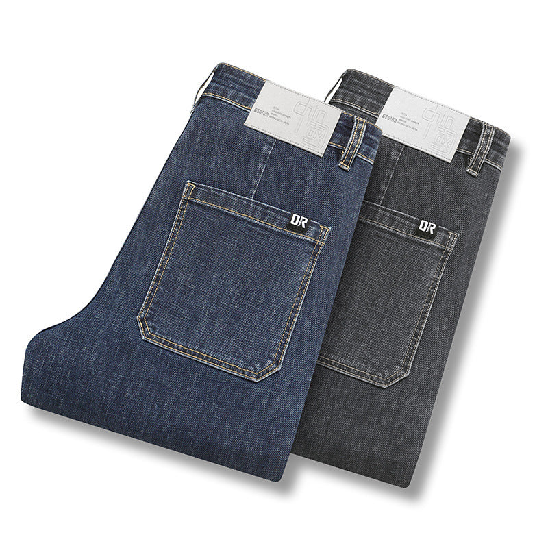 Men's Stretch Straight Leg Vintage Jeans with Multiple Pockets - Blue | SAVINTARI