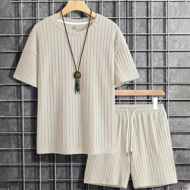 Men's Summer 2-piece Set - Drop Shoulder T-shirt and Drawstring Shorts - Beige | SAVINTARI