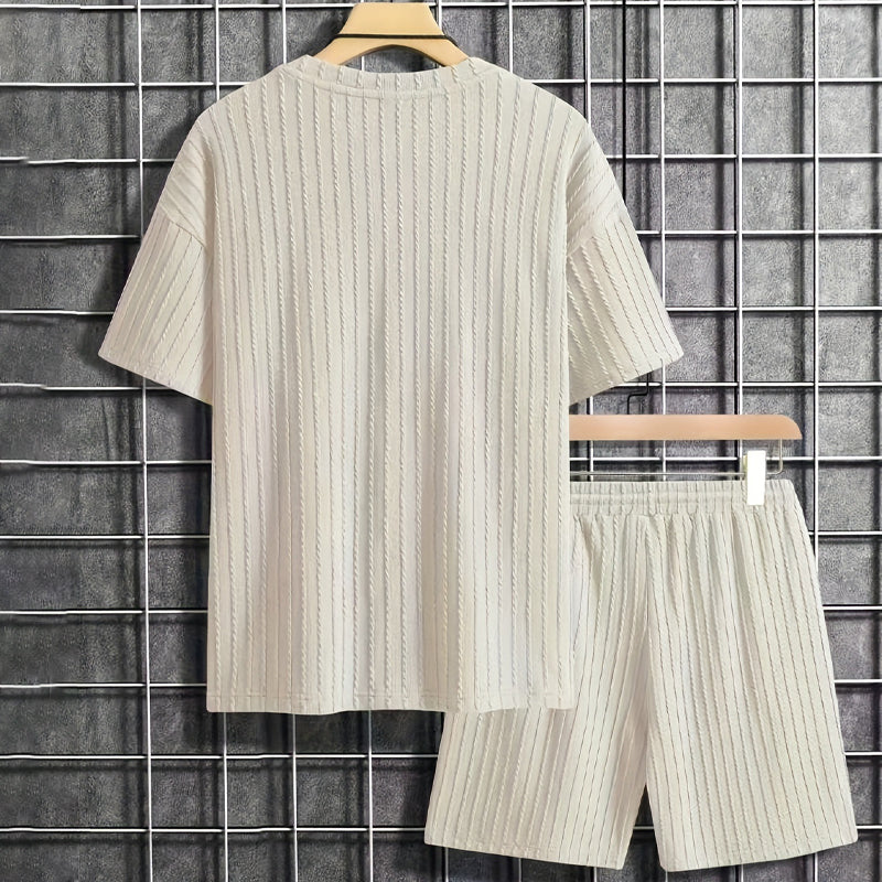Men's Summer 2-piece Set - Drop Shoulder T-shirt and Drawstring Shorts - Beige | SAVINTARI