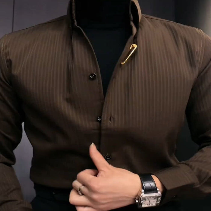 Men's 2024 New Design Sleek Striped Shirt - Coffee | Seasonal Shirt | SAVINTARI