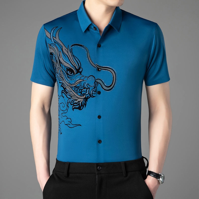 Men's Business Casual Ice Silk Short Sleeve Shirt - Blue | SAVINTARI
