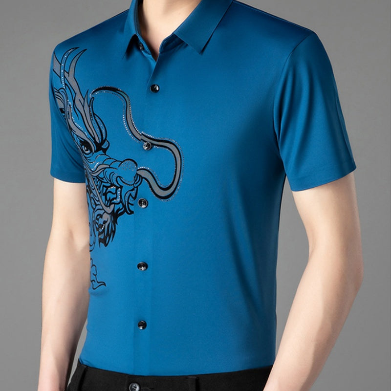 Men's Business Casual Ice Silk Short Sleeve Shirt - Blue | SAVINTARI