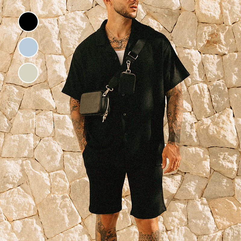 Men's Casual Trendy Short Sleeve Shirt and Short Set - Black | SAVINTARI