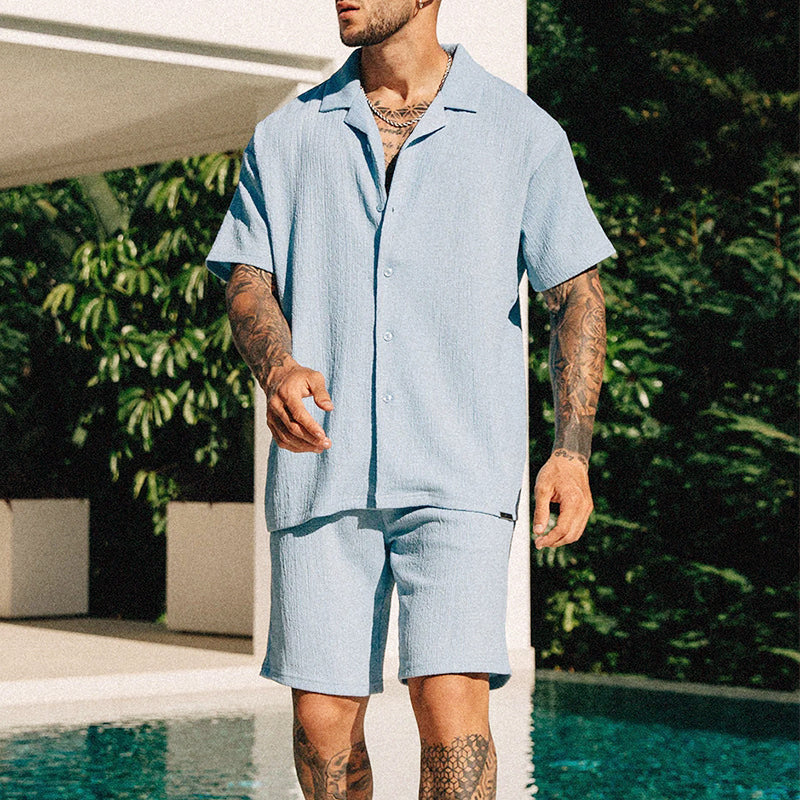 Men's Casual Trendy Short Sleeve Shirt and Short Set - Black | SAVINTARI