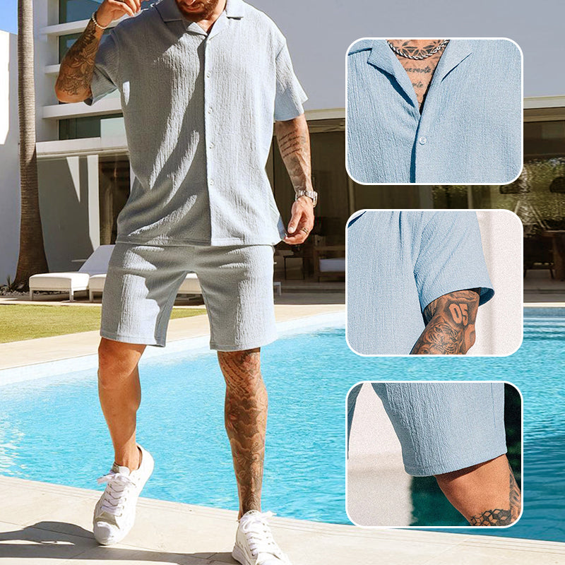 Men's Casual Trendy Short Sleeve Shirt and Short Set - Black | SAVINTARI