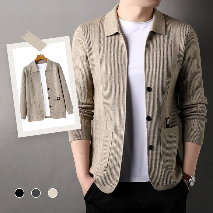 Men's Lapel Knitted Long Sleeve Coat - Beige | Transitional Coat | SAVINTARI