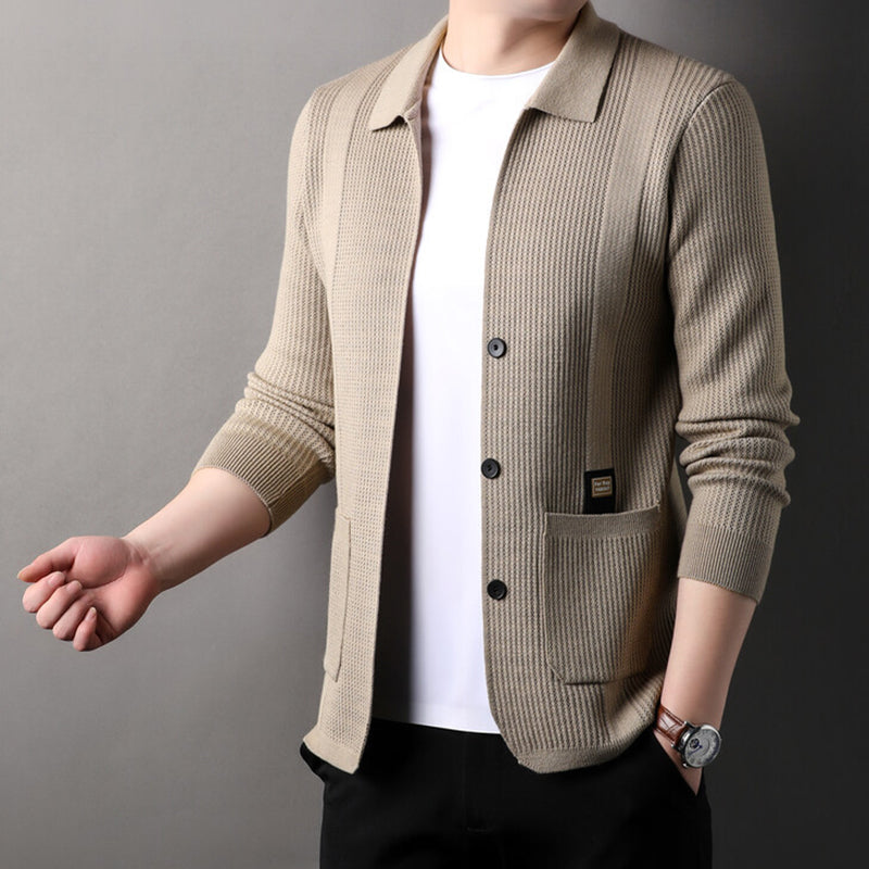 Men's Lapel Knitted Long Sleeve Coat（50 - Beige | SAVINTARI