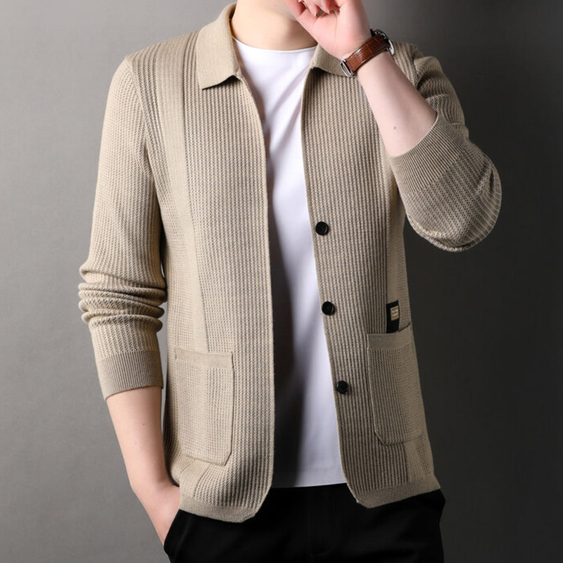 Men's Lapel Knitted Long Sleeve Coat（50 - Beige | SAVINTARI