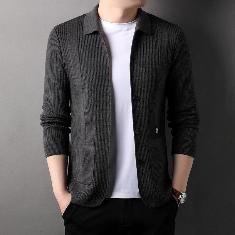 Men's Lapel Knitted Long Sleeve Coat（50 - Beige | SAVINTARI