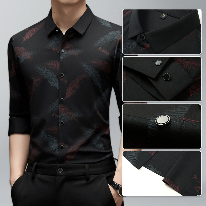 Men's Business Casual Printed Long-Sleeved Shirt - Red | SAVINTARI