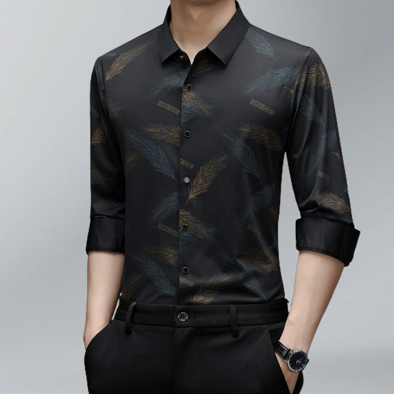 Men's Business Casual Printed Long-Sleeved Shirt - Red | SAVINTARI
