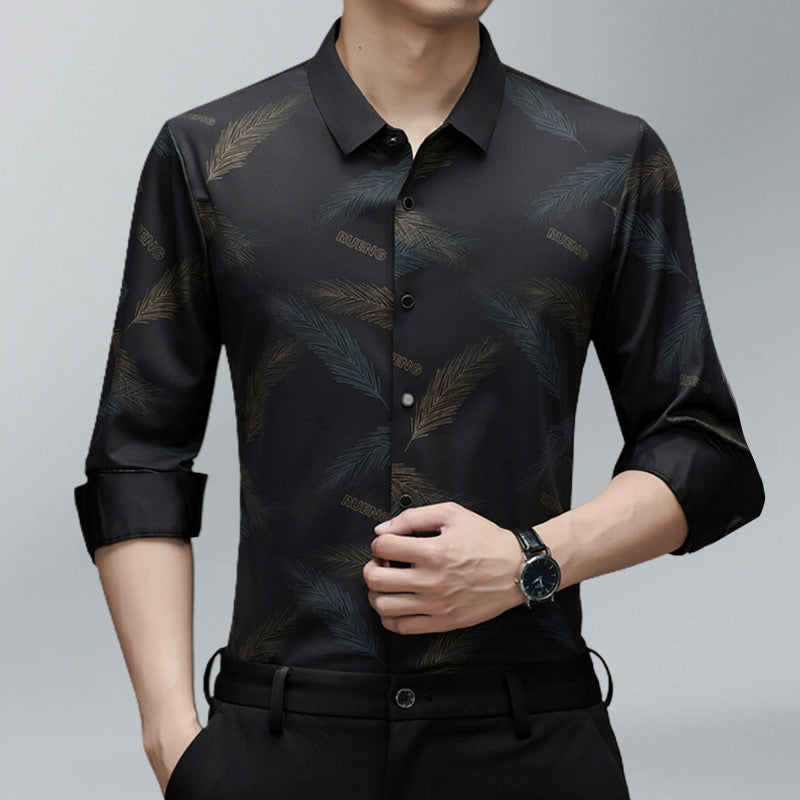 Men's Business Casual Printed Long-Sleeved Shirt - Red | SAVINTARI