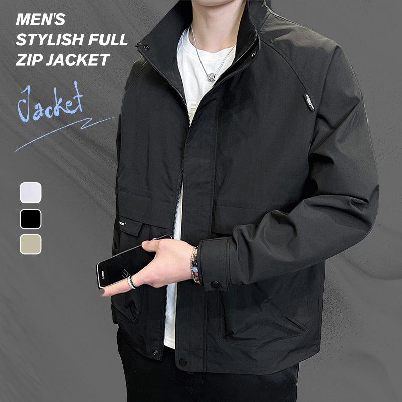 Men's Stylish Full Zip Jacket with Pockets - Black | SAVINTARI