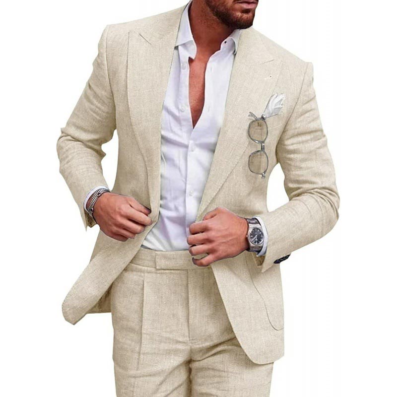 Men's Breathable Linen Formal Suit Blazer and Pants 2-piece Set - Khaki | SAVINTARI