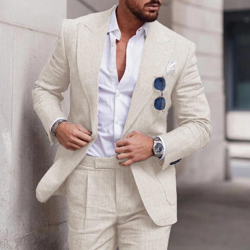 Men's Breathable Linen Formal Suit Blazer and Pants 2-piece Set - Khaki | SAVINTARI
