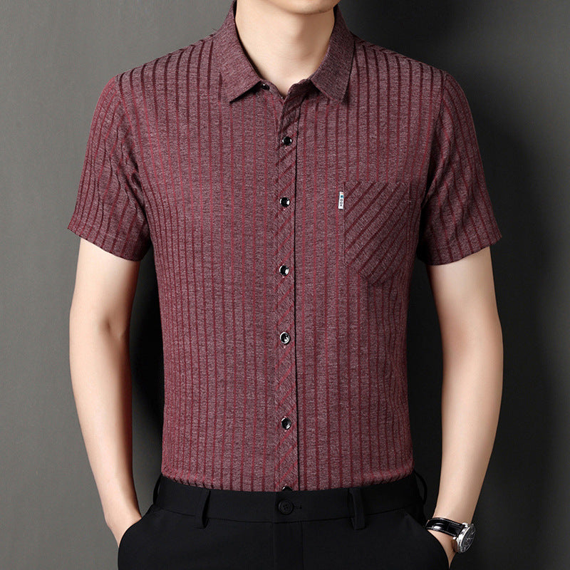 Men's Classic Striped Short Sleeve Button-Up Shirt - Red | SAVINTARI