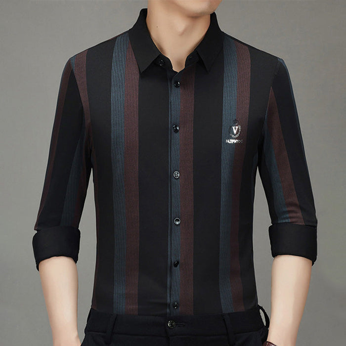 Men's Striped Lapel Button Down Long Sleeve Shirt - Red | Seasonal Shirt | SAVINTARI
