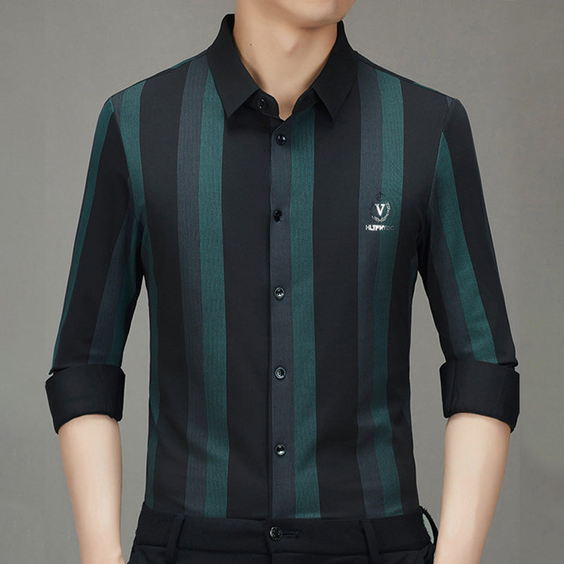Men's Striped Lapel Button Down Long Sleeve Shirt - Red | SAVINTARI