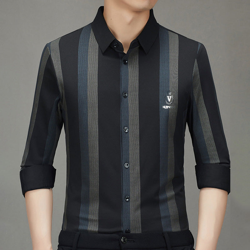 Men's Striped Lapel Button Down Long Sleeve Shirt - Red | SAVINTARI