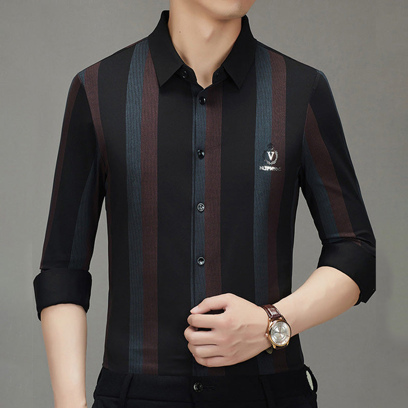 Men's Striped Lapel Button Down Long Sleeve Shirt - Red | SAVINTARI