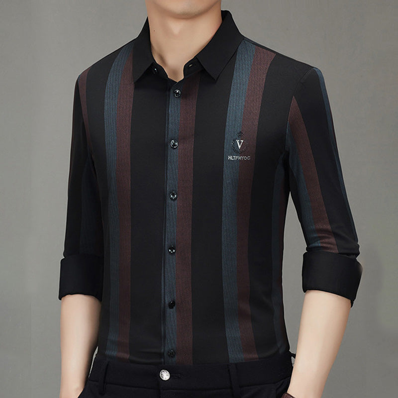 Men's Striped Lapel Button Down Long Sleeve Shirt - Red | SAVINTARI