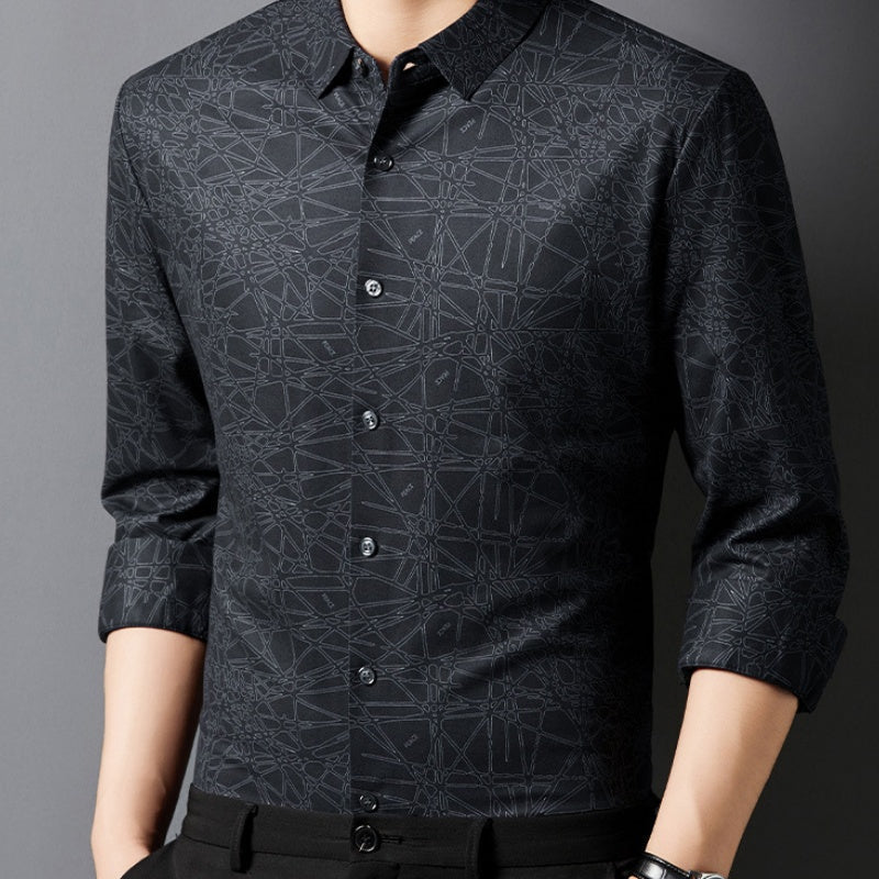 Men's Stylish Printed Lightweight Long-Sleeve Shirt - Black | SAVINTARI