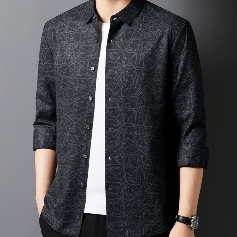 Men's Stylish Printed Lightweight Long-Sleeve Shirt - Black | SAVINTARI