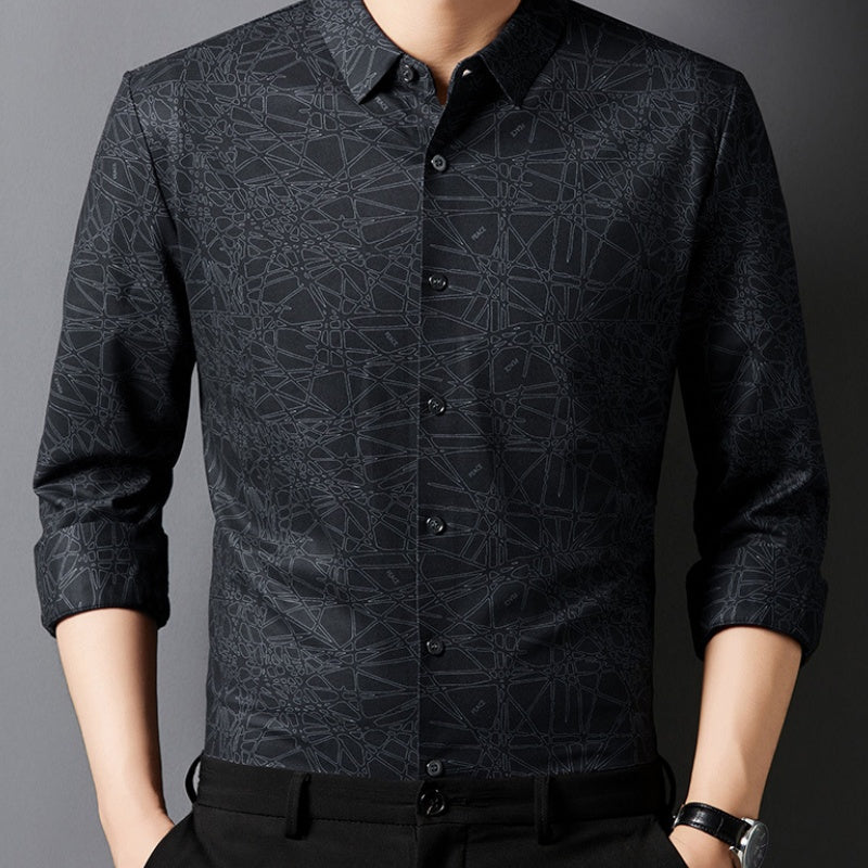 Men's Stylish Printed Lightweight Long-Sleeve Shirt - Black | SAVINTARI