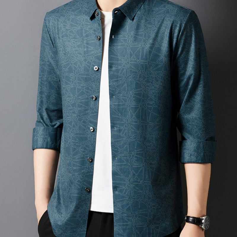 Men's Stylish Printed Lightweight Long-Sleeve Shirt - Black | SAVINTARI