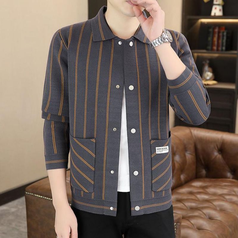 Men's Casual Striped Knitted Lapel Jacket - Gray | SAVINTARI