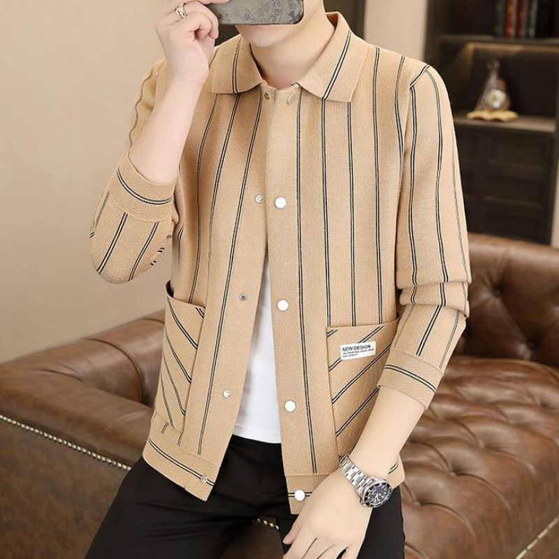 Men's Casual Striped Knitted Lapel Jacket - Gray | SAVINTARI